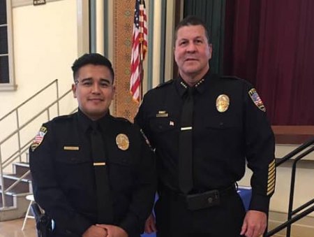 Lemoore police officer killed Saturday night in Hanford trying to help in tragic incident Pictured is Jonathan Diaz with former Lemoore chief, Darrell Smith, when he was named Public Safety Officer of the Year in 2018.